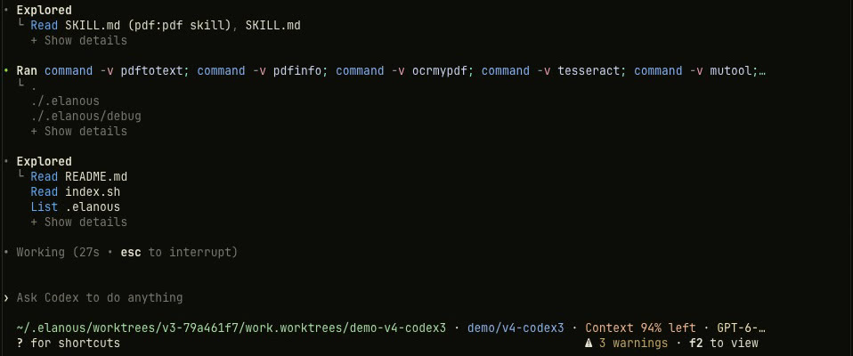 Codex working on the mission: it read skill files, checked which PDF tools exist (pdftotext, pdfinfo, ocrmypdf, tesseract, mutool), read README.md and index.sh, and shows 'Working'.